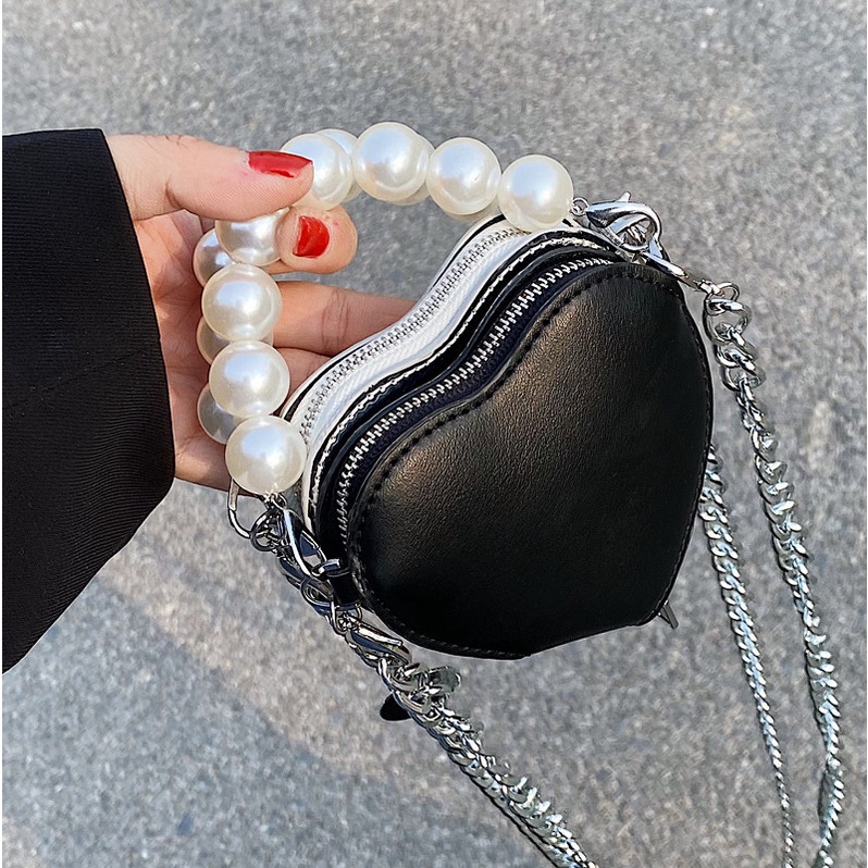 Túi Đeo JASMIN NOIR Chéo Da PU Hình Trái Tim Nhỏ Phối Dây Xích Thời Trang Nữ Sành Điệu