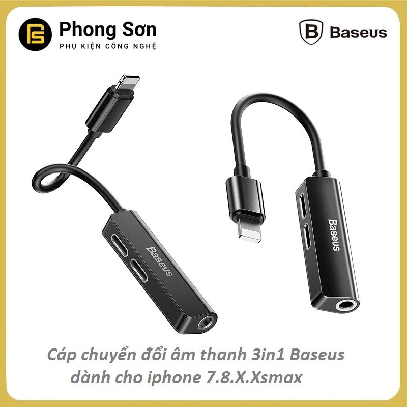 Bộ chia chuyển đổi âm thanh Baseus L52 3in1  2 cổng Lightning ra cổng tai nghe 3.5 mm và cổng sạc cho iphone 7,8, iphone