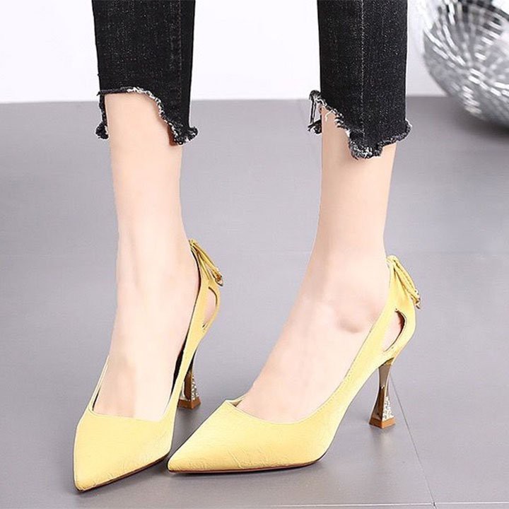 Giày cao gót nữ gót kim loại khoét eo đính nơ hậu - Giày nữ gót cao 7cm - Linus LN300