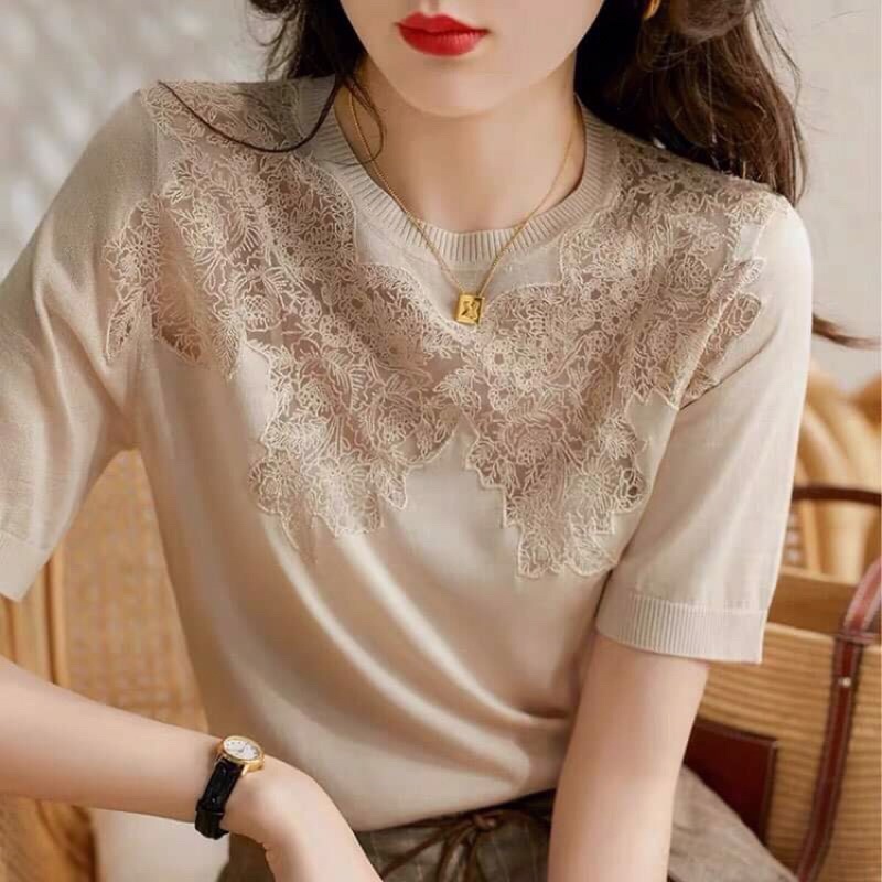 Áo thun dệt kim nữ phối ren sang chảnh QCNP3794