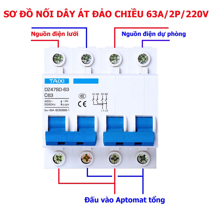 Cầu dao đảo chiều dạng aptomat 2p 63A TAIXI - bảo vệ ngắn mạch - bảo vệ quá tải - át chuyển nguồn