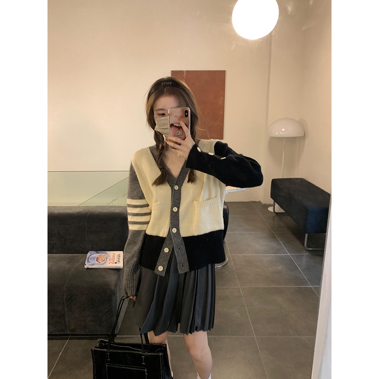 ZHELIHANGFEI Áo Cardigan Dệt Kim Tay Dài Cổ Chữ V Lưng Cao Dáng Ôm Đơn Giản Dễ Phối Đồ