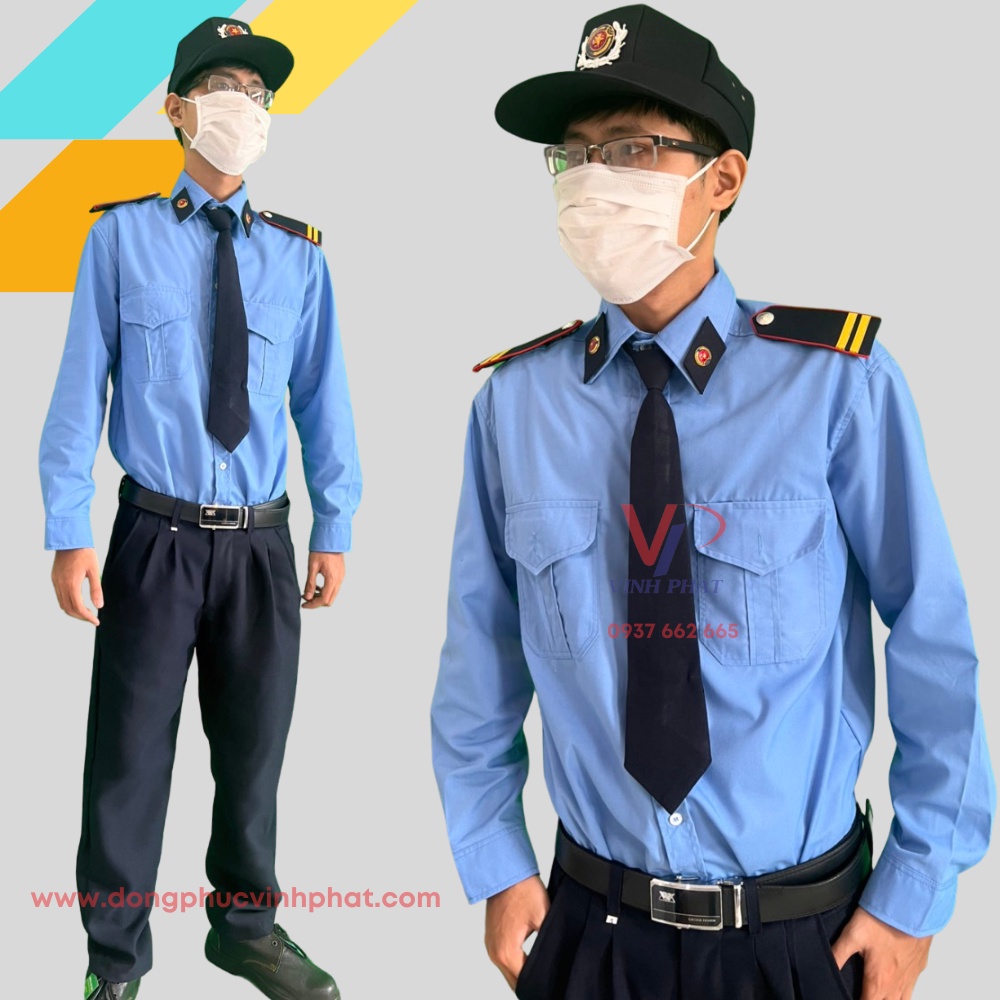 Áo Đồng Phục Bảo Vệ Dài Tay Màu Xanh Chất Vải Dày Dặn Thoáng Mát Mẫu Đẹp -Bao Gồm Phụ Kiện- Hình thật