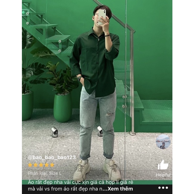 Áo Sơ Mi Tay Dài Unisex Xanh Lá Đậm Tối Hot Trend Street Style Mr Smile 99 Shop