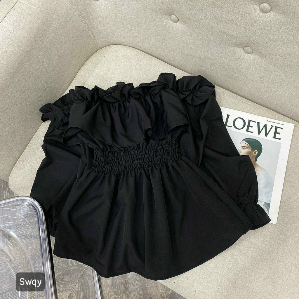 Áo Voan Kiểu Mới Trễ Vai Tay Dài Bánh Bèo Phối Nhún Trước Bụng Xinh Xắn  TTSLA0842