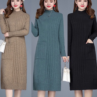 VÁY LEN DÀI DÁNG SUÔNG QUẢNG CHÂU, CỔ TRÒN, DÀI TAY (FREESIZE 50kg-64kg)