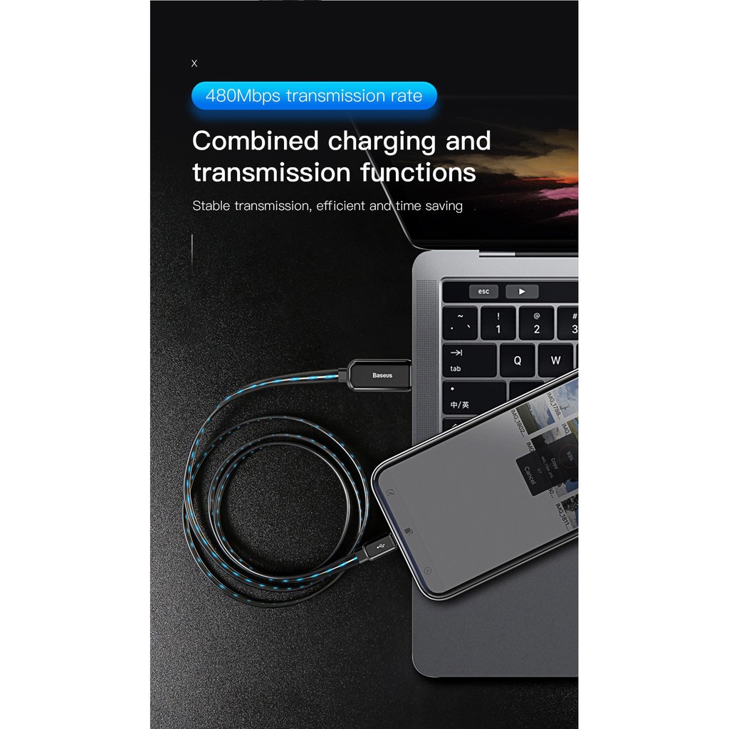 Cáp sạc có đèn Led phát sáng cực đẹp Baseus chuẩn dành cho các đời iphone có thể truyền data chuẩn