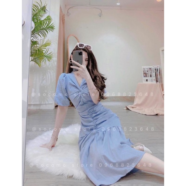 Váy tiểu thư dúm đuôi cá xoè dáng dài dễ thương.Đầm xanh chất đũi nhẹ mát, tay bồng 2 lớp.
