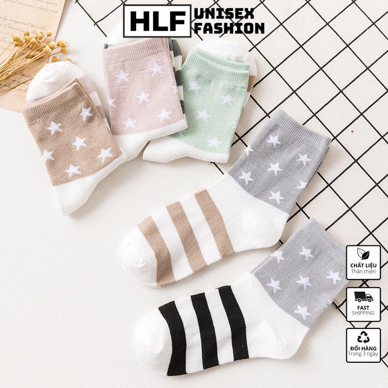 Tất vớ nữ Cotton cổ tròn in ngôi sao sọc, tất vớ cổ cao HLFashion