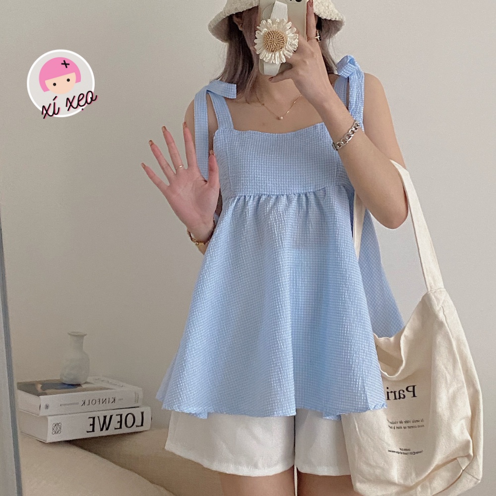 Set áo babydoll 2 dây kẻ xanh xốp kèm quần sooc trắng xixeoshop - V42