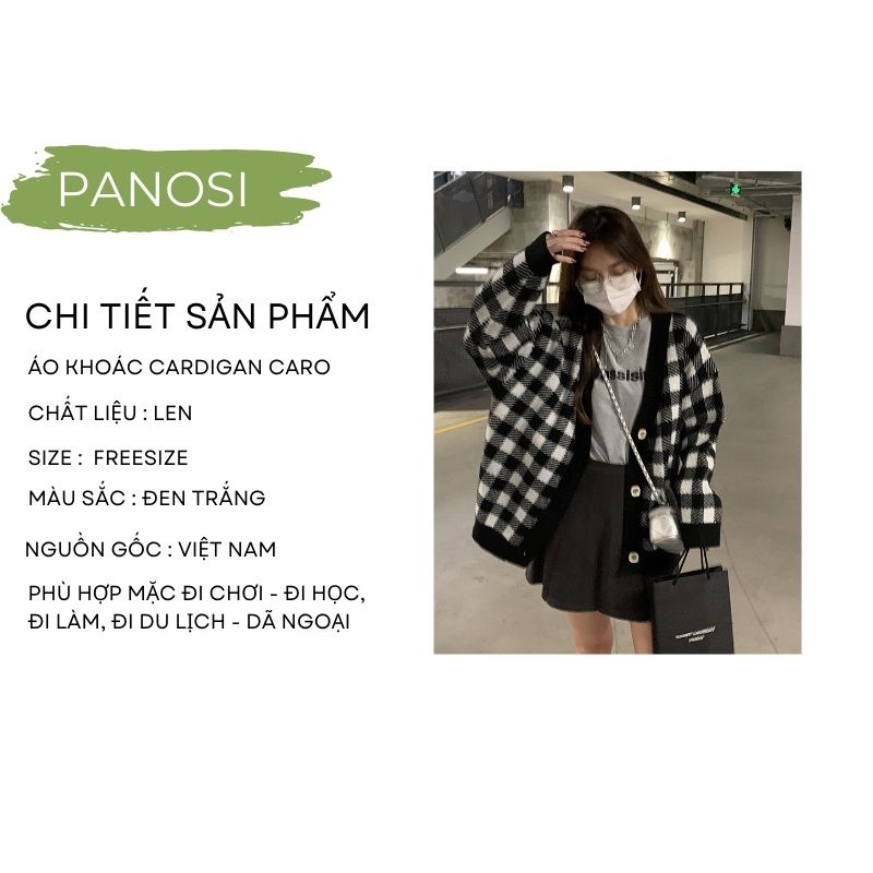 Áo khoác cardigan nữ form rộng chất len dày dặn họa tiết kẻ caro đen trắng hàng đẹp PANOSI - A149