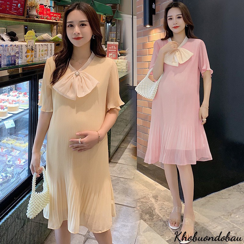 Váy bầu thiết kế - Đầm bầu dáng suông chất voan  phối nơ cổ trẻ trung V355