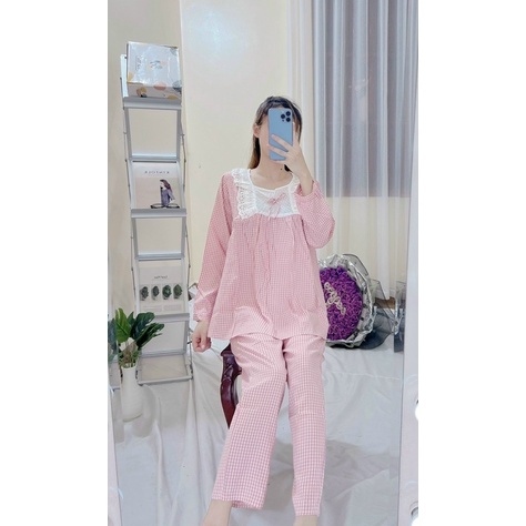 Bộ ngủ mặc nhà nữ cho bầu và sau sinh chất đũi hoạ tiết kẻ ô viền ren