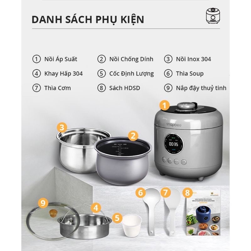 (Bh 12 tháng)Nồi áp suất đa năng SnapBee Queen hầm hấp chiên xào nấu cháo 4.5L màu xanh/màu ghi