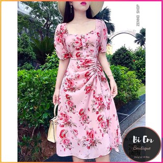 Đầm bông cổ vuông dây rút lụa cao cấp