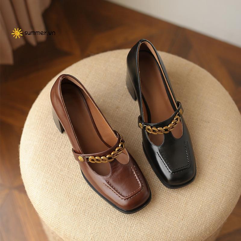 Giày Cao Gót Mũi Vuông Phối Dây Xích Thời Trang Xuân Thu Phong Cách Pháp Hàng Mới 2022