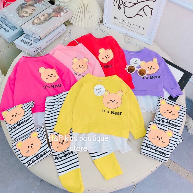 Set bộ dài tay bé gái giả váy, phối quần legging kẻ sọc cá tính Quần áo thu đông dài tay cho bé in gấu 1 2 3 4 5 6 tuổi