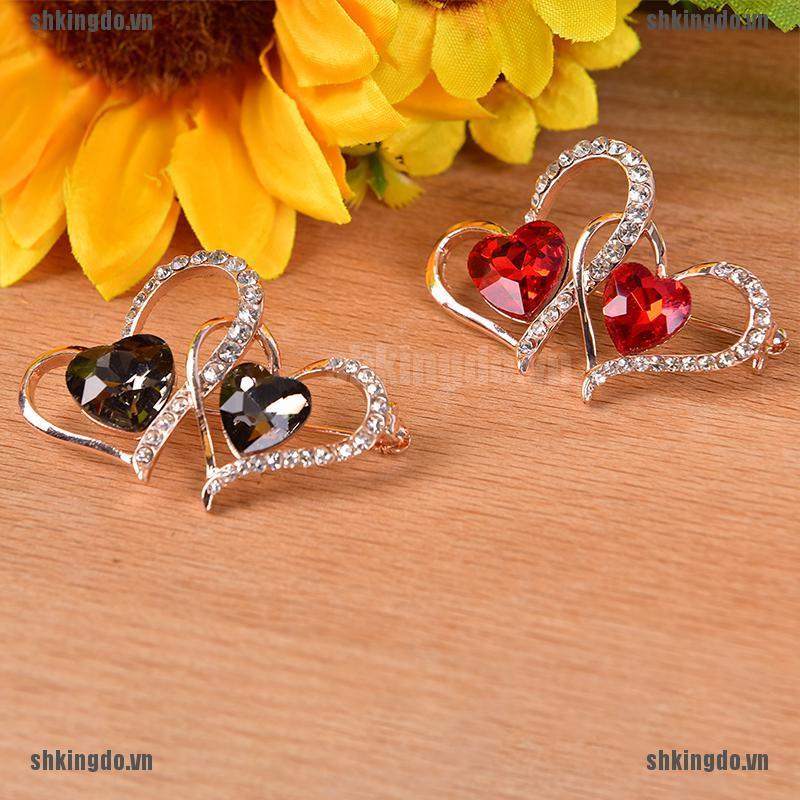 Trâm Cài Áo Hình Trái Tim Đôi Đính Pha Lê