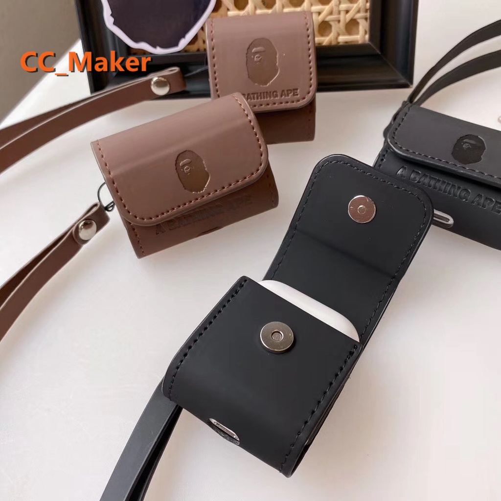 Bao da mềm họa tiết BAPE bảo vệ cho hộp sạc tai nghe AirPod 1/2/Pro kèm dây đeo ngắn