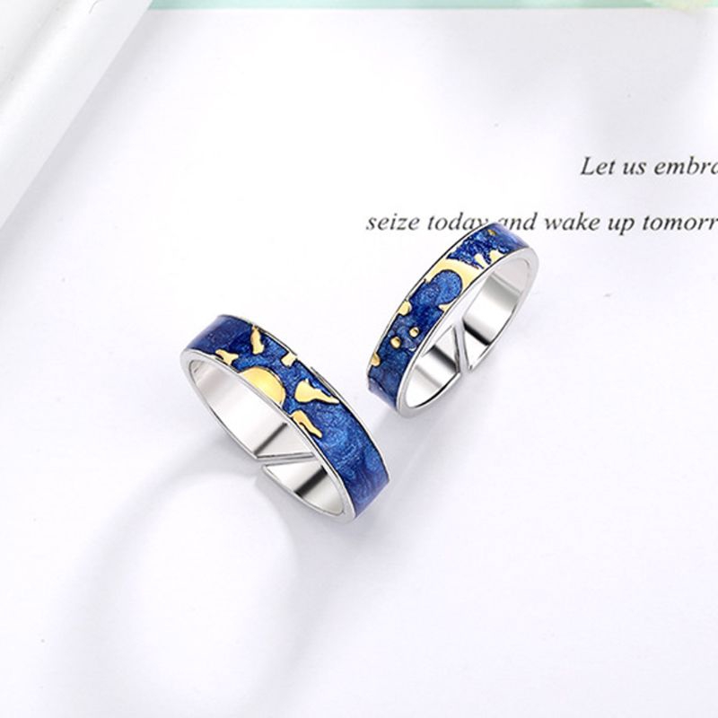 *2Pcs Van Gogh Blue Starry Sky Open Ring Star Moon Always Thinking You Lover Ring
