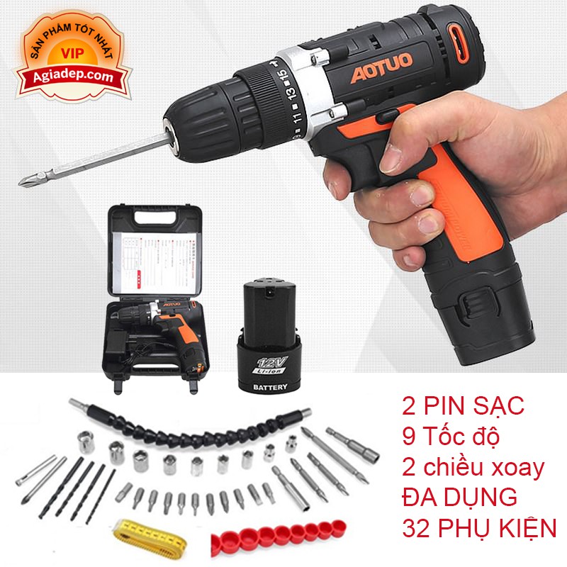 Máy bắt vít + 2 Pin sạc 12V Hai chiều Đa tốc độ kiêm Khoan tường, gỗ + Vali nhiều phụ kiện - Bền tốt Agiadep