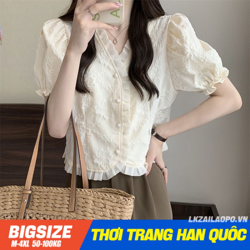 Áo sơ mi Bigsize Áo kiểu nữ dáng suông tay ngắn cổ chữ v mùa hè Phong cách Hàn Quốc Thời Trang cá tính xinh đẹp cho người mập béo nữ