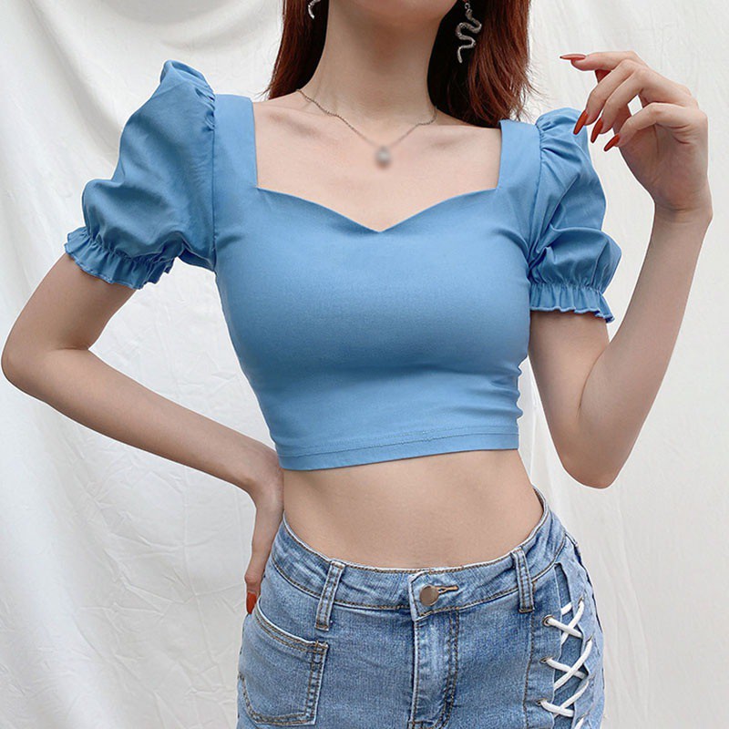 Áo Crop Top Tay Phồng Cổ Vuông Màu Trơn Dễ Thương Dành Cho Phụ Nữ