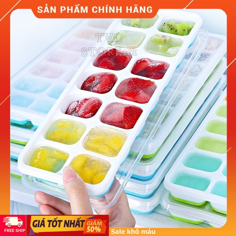 Khay Đá Silicon Có Nắp Đậy 14 Viên❤️ FREESHIP ❤️Khay Đựng Đá Tủ Lạnh, Làm Đá Thạch Kem Bảo Quản Chống Mùi Tuyệt Đối