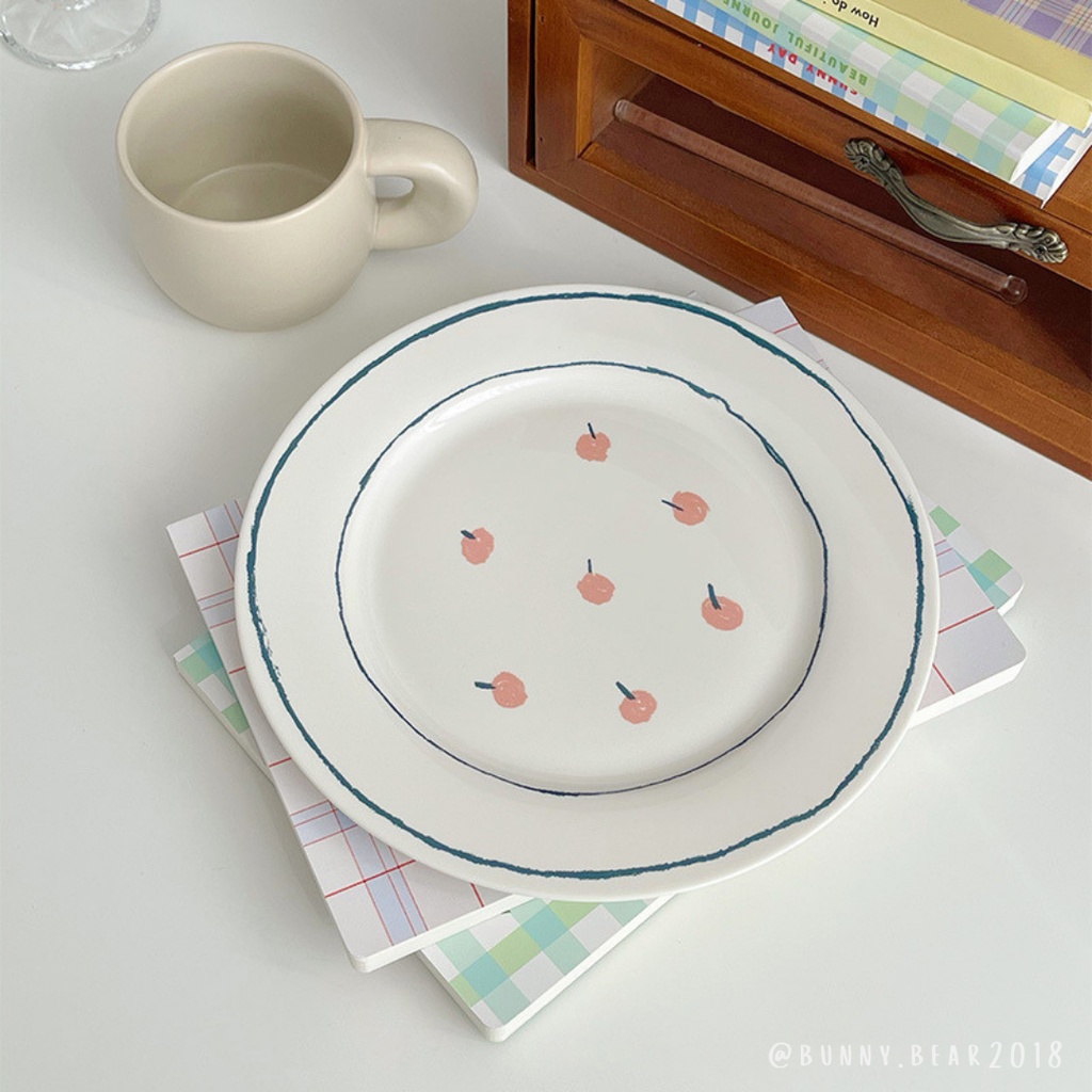 Đĩa sứ viền xanh cherry hồng cao cấp xinh xắn