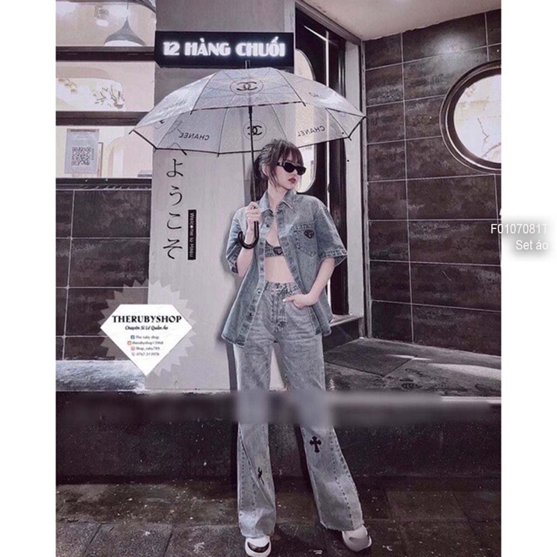 Set cặp áo jean xanh áo sơ mi áo bra