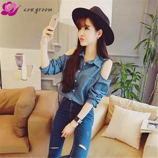Cozyroom Women's Korean Off-shoulder Slim Slimming Solid Color Denim Lapel Long-sleeved Shirt