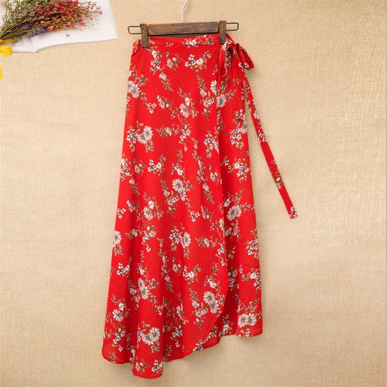 One Chân Váy Chiffon Lưng Cao Xẻ Tà Cột Dây In Họa Tiết Thời Trang Đi Biển