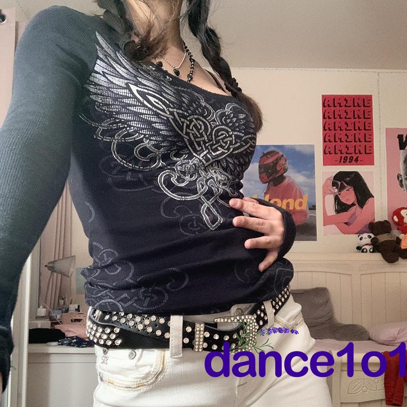 Áo thun tay dài cổ tròn dáng ôm in họa tiết độc đáo thời trang cá tính cho nữ