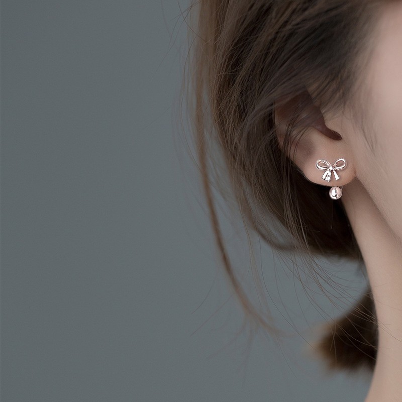 Bông tai bạc nữ bông nơ có chốt vặn không cần chốt DaLiA Jewelry khuyên tai bạc xịn xò