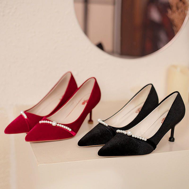 Xiuhe Giày Cao Gót Da Lộn Màu Đỏ Rượu Vang Đính Ngọc Trai Phong Cách Trung Hoa Cho Cô Dâu