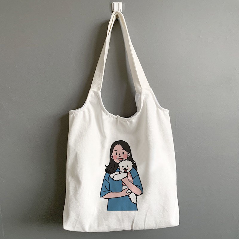 Túi Tote Vải Canvas Nữ Quai Tròn Hàn Quốc In Hình Orange Girl Có Khóa Kéo