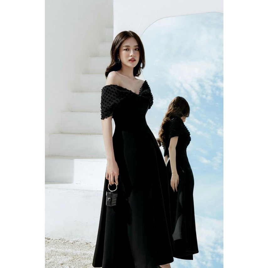 ĐẦM ĐEN TRỄ VAI XÒE TAY VOAN BI, VÁY MIDI Bigsize 66kg – GD227
