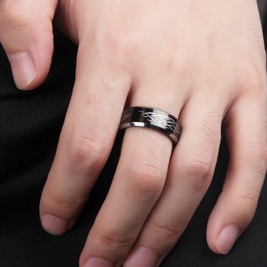 Nhẫn nam trơn đen kèm hoa văn trắng chất liệu vonfram cao cấp không gỉ bề mặt 8 mm