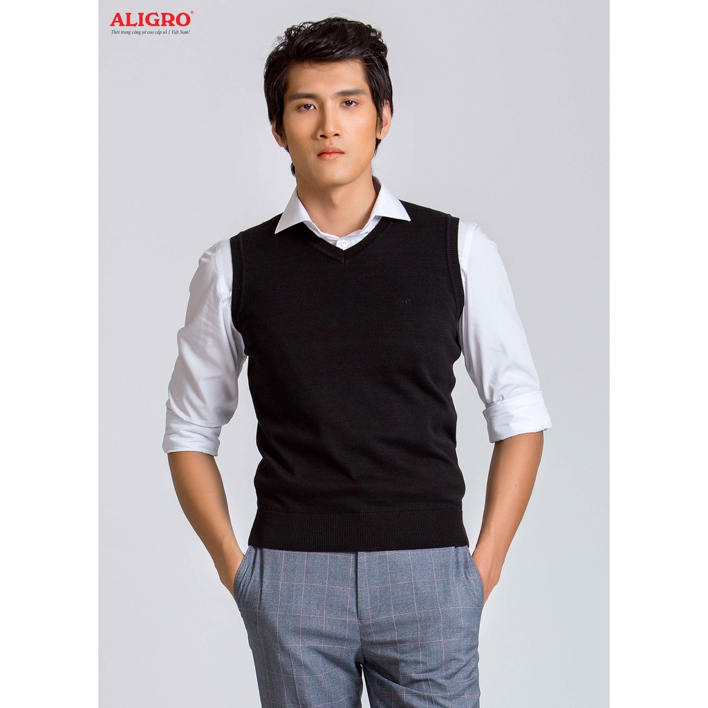 Áo len gile nam Aligro màu đen chất liệu len cotton sợi đanh, không bai xù ALENGL014
