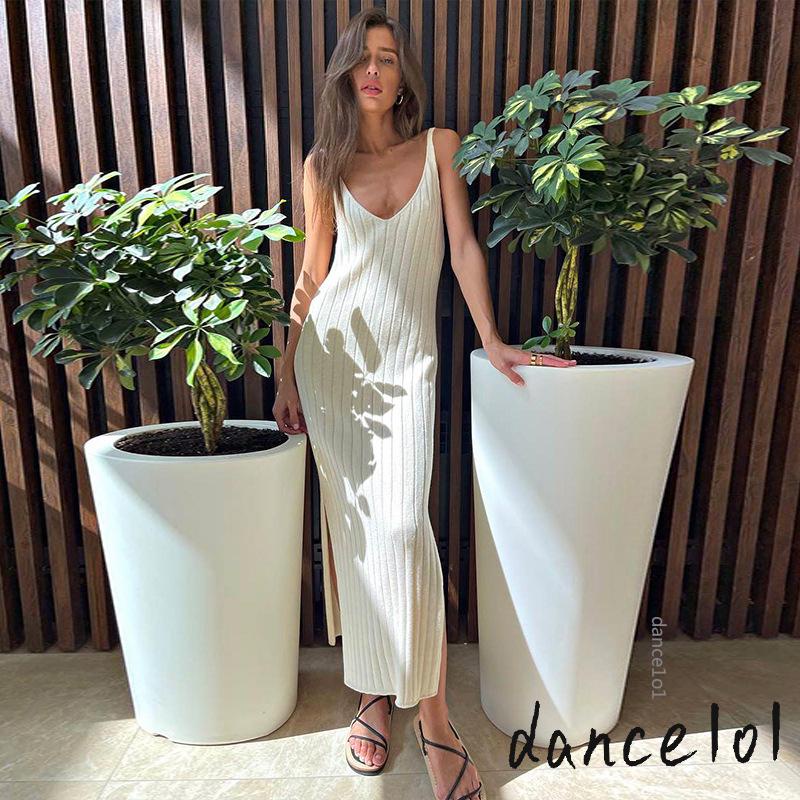 Đầm Dài Nữ Không Tay Cổ Chữ V Sọc Dọc Xẻ Tà Bên Hông 1O1