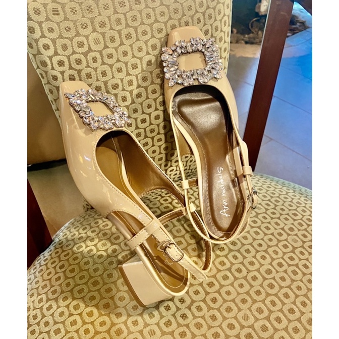 Giày cao gót nữ  3 phân mũi vuông kiểu dáng slingback phối nơ đá cao cấp phong cách Hàn quốc _AMIN3005XBND