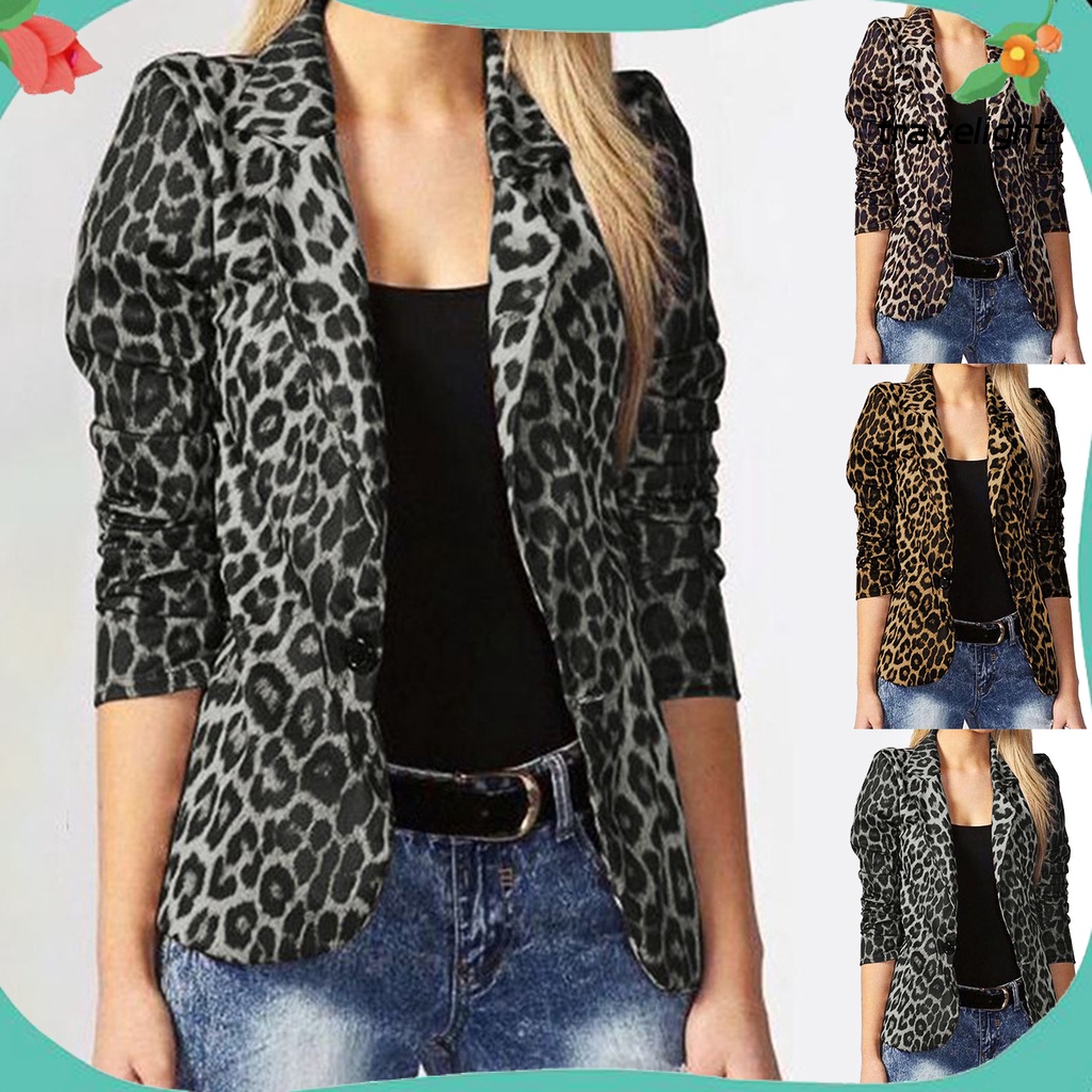 Áo Khoác Blazer Cổ Bẻ In Họa Tiết Da Báo Cài Một Hàng Khuy Dáng Ôm Dành Cho Bạn Nữ Đi Làm