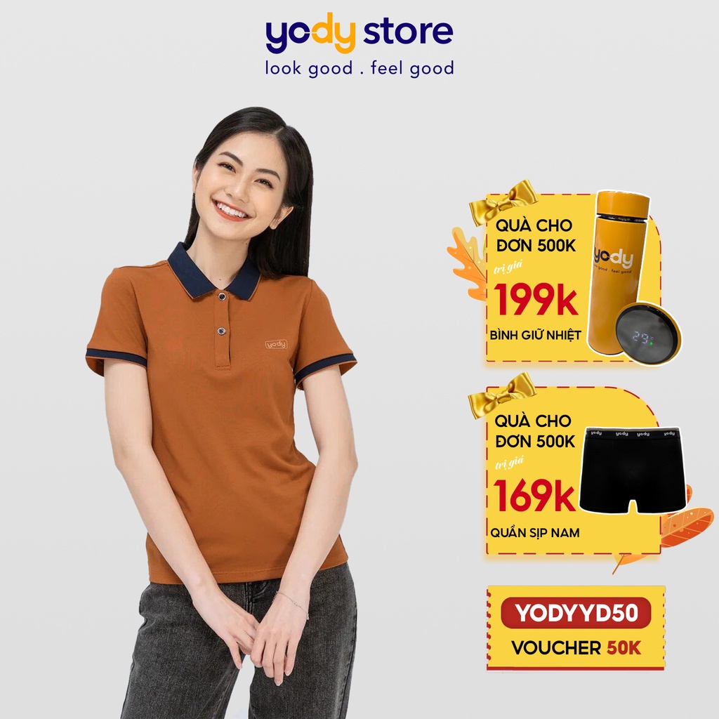 Áo polo nữ cafe phối nẹp YODY kiểu dáng đơn giản, trẻ trung, chất liệu cao cấp - APN3700