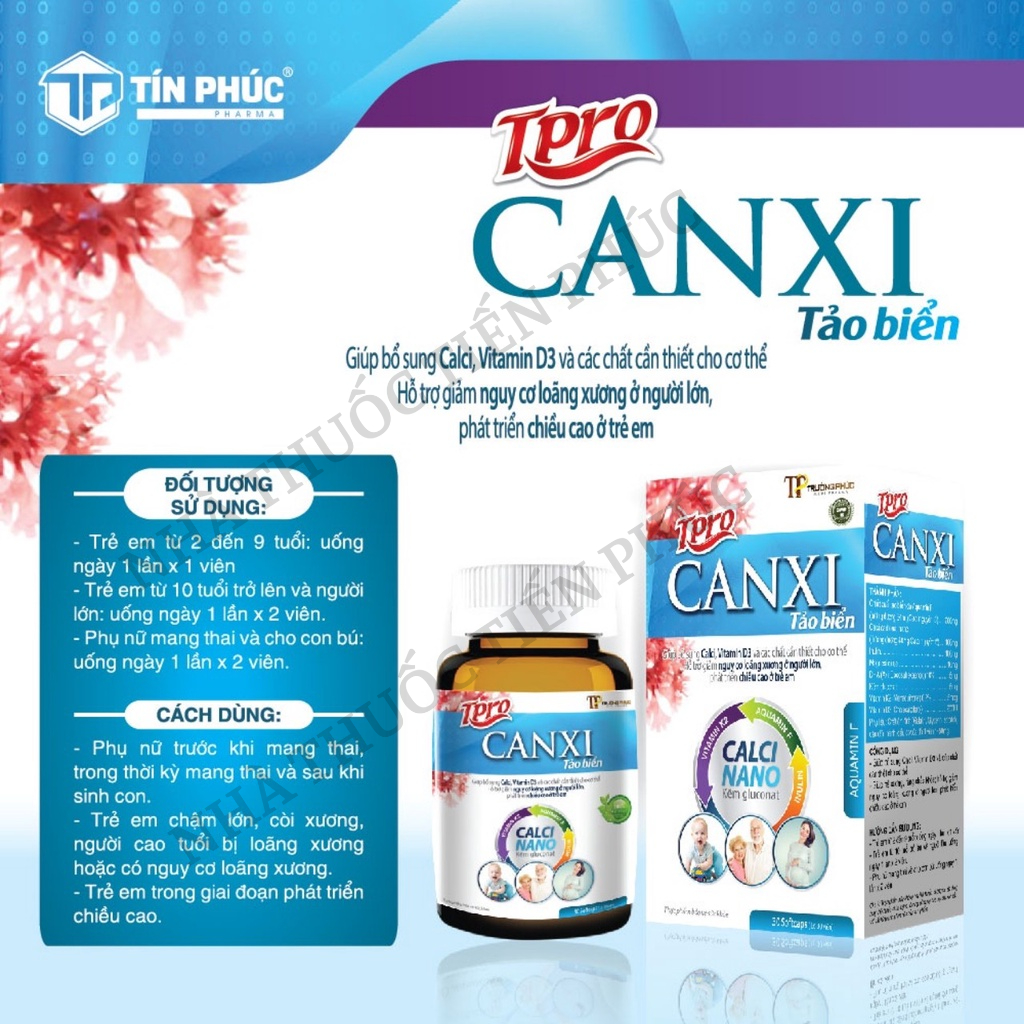 CANXI TẢO BIỂN Bổ sung canxi hữu cơ từ tảo biển và vitamin D3 Magie giảm loãng xương, tăng chiều cao LỌ 30 VIÊN