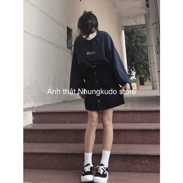 Áo sweater cổ lọ xanh than in chữ tay bồng nữ Nhungkudo