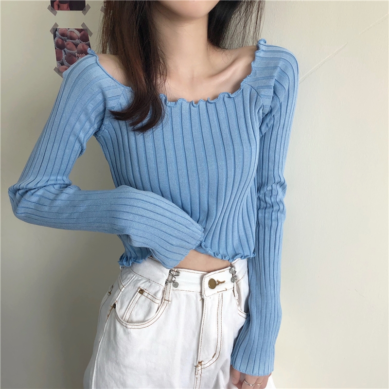 🐇 Áo Lửng Tay Dài Thời Trang Dành Cho Nữ 🐇 Áo Croptop Áo thun nữ, áo croptop tay dài Dệt Kim Tay Dài Trễ Vai Thiết Kế Ôm Sát Quyến Rũ