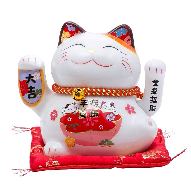 Mèo Thần Tài Sứ , Mèo May Mắn Maneki Neko vẫy tay cao 14cm Vẩy Tay Gọi Khách BÁT PHƯƠNG KHAI TÀI