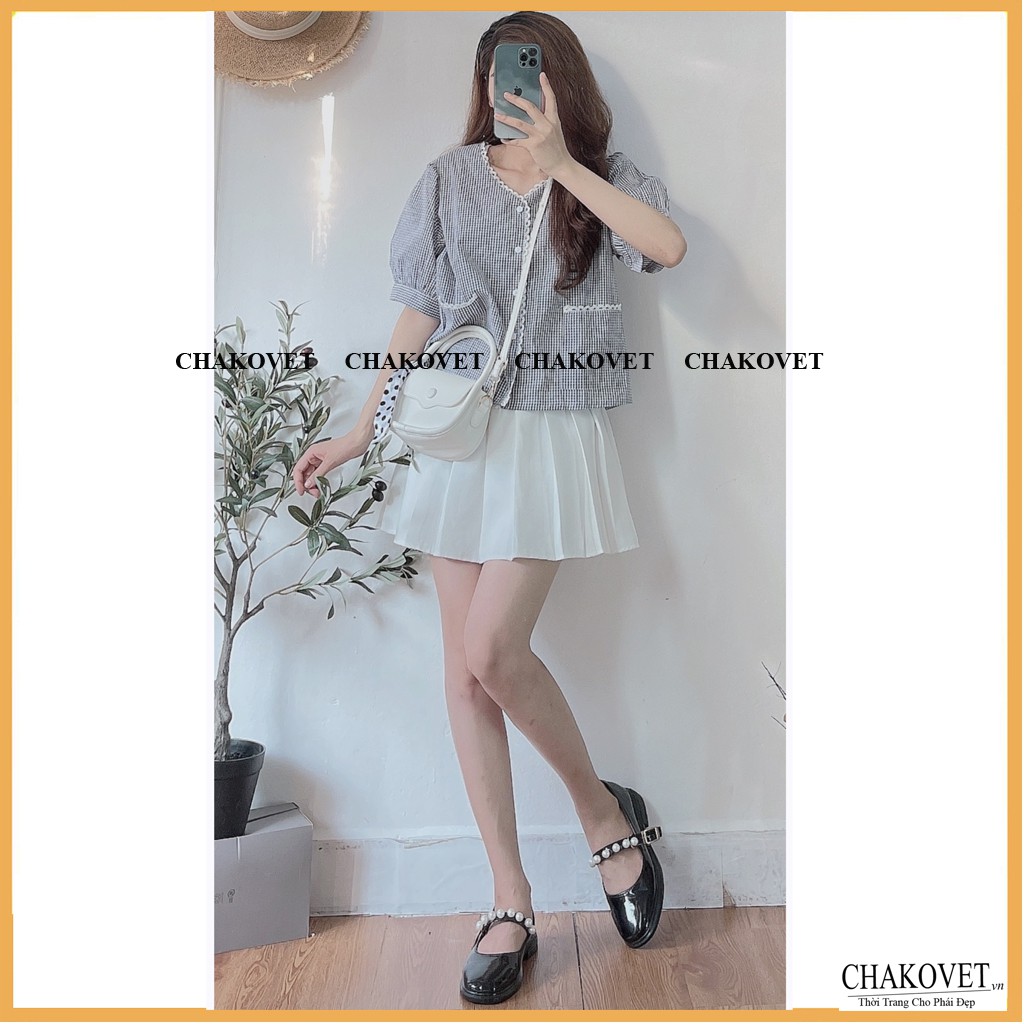Áo sơ mi nữ ngắn tay đẹp kiểu kẻ CKA867, áo kiểu nữ cổ V viền ren 2 túi phong cách mới kiểu dáng hàn quốc Retro freesize | BigBuy360 - bigbuy360.vn