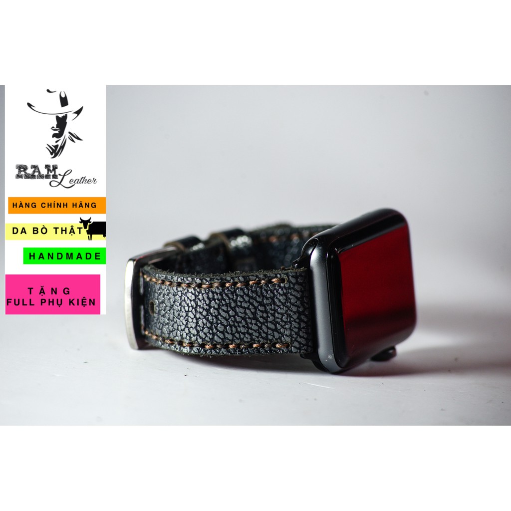 Dây Apple Watch , iWatch , iphone Watch da bò vân cá mập vintage RAM Leather classic 1956 đen thép