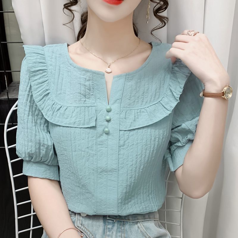 Áo kiểu chiffon tay ngắn cổ chữ V xếp nếp phong cách Pháp 2021 thời trang mùa hè ngọt ngào dành cho nữ
